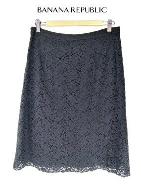 Banana Republic Cotton Blend Floral Lace Pencil Skirt Lined Black Office Sz 8